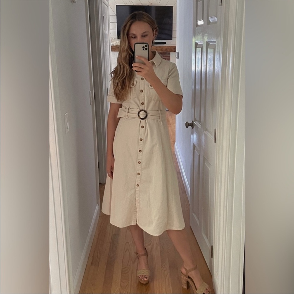 Sezane Cream Midi Dress with Belt - Picture 2 of 16